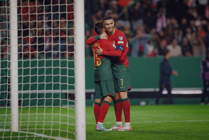 Cristiano Ronaldo pictured (right) hugging Ricardo Horta after the Braga winger scored a goal for Portugal in a 2-0 win over Iceland in November 2023